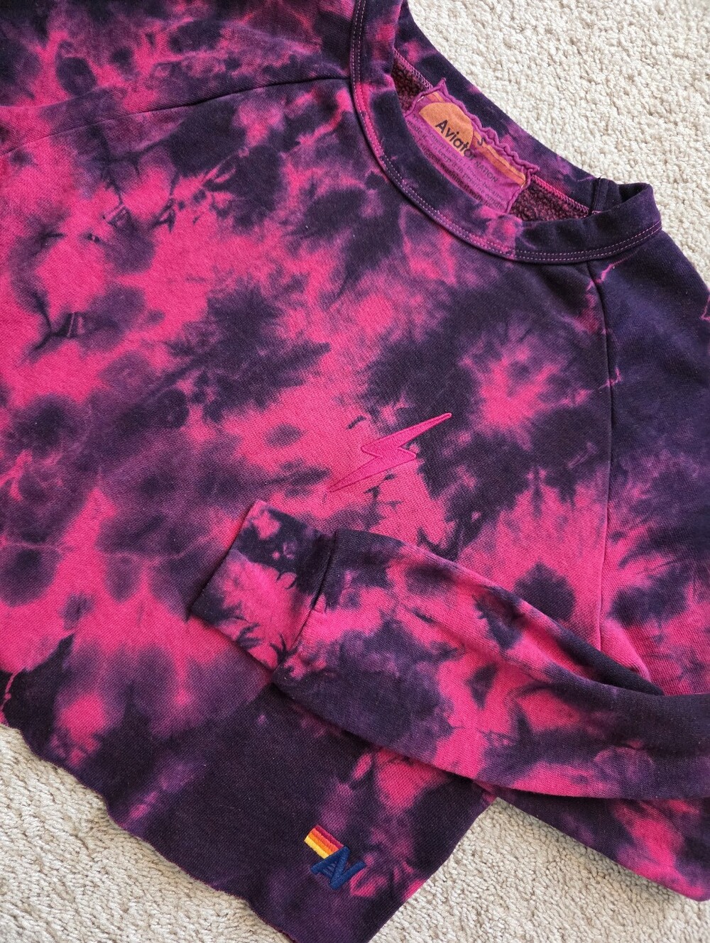 Aviator Nation Cropped Hand Tie Dye Bolt Classic Crew Sweatshirt Pullover Small